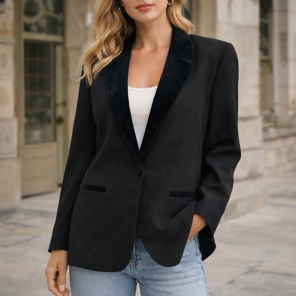 Vintage 90s Harve Benard Black Tuxedo Blazer Women L Velvet Trim Classic
